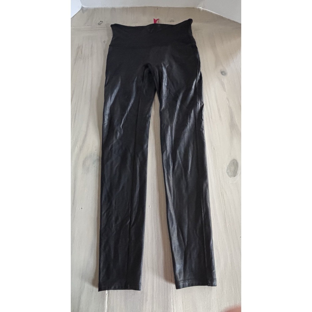 Spanx Faux Leather Leggings Womens L Large Black High Rise Pull On Biker EUC‎